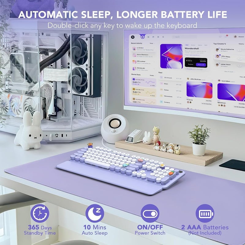 SABLUTE Wireless Keyboard, Round Keycaps, Retro Typewriter Keyboard with Detachable Wrist Rest, Sleep Mode, Foldable Legs, 2.4GHz Full-Size Cordless Computer Keyboard for Windows/PC/Laptop (Colorful-Purple) - Image 5